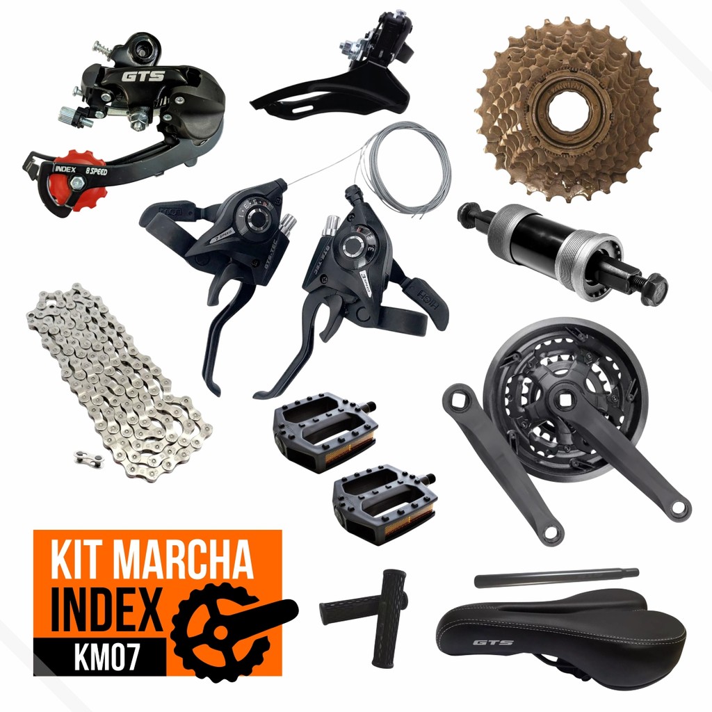 Kit Marcha Index Ala. 21v Roda Livre Corrente Pdv Mov. Central Cambios Pedal Selim Canote Manopla