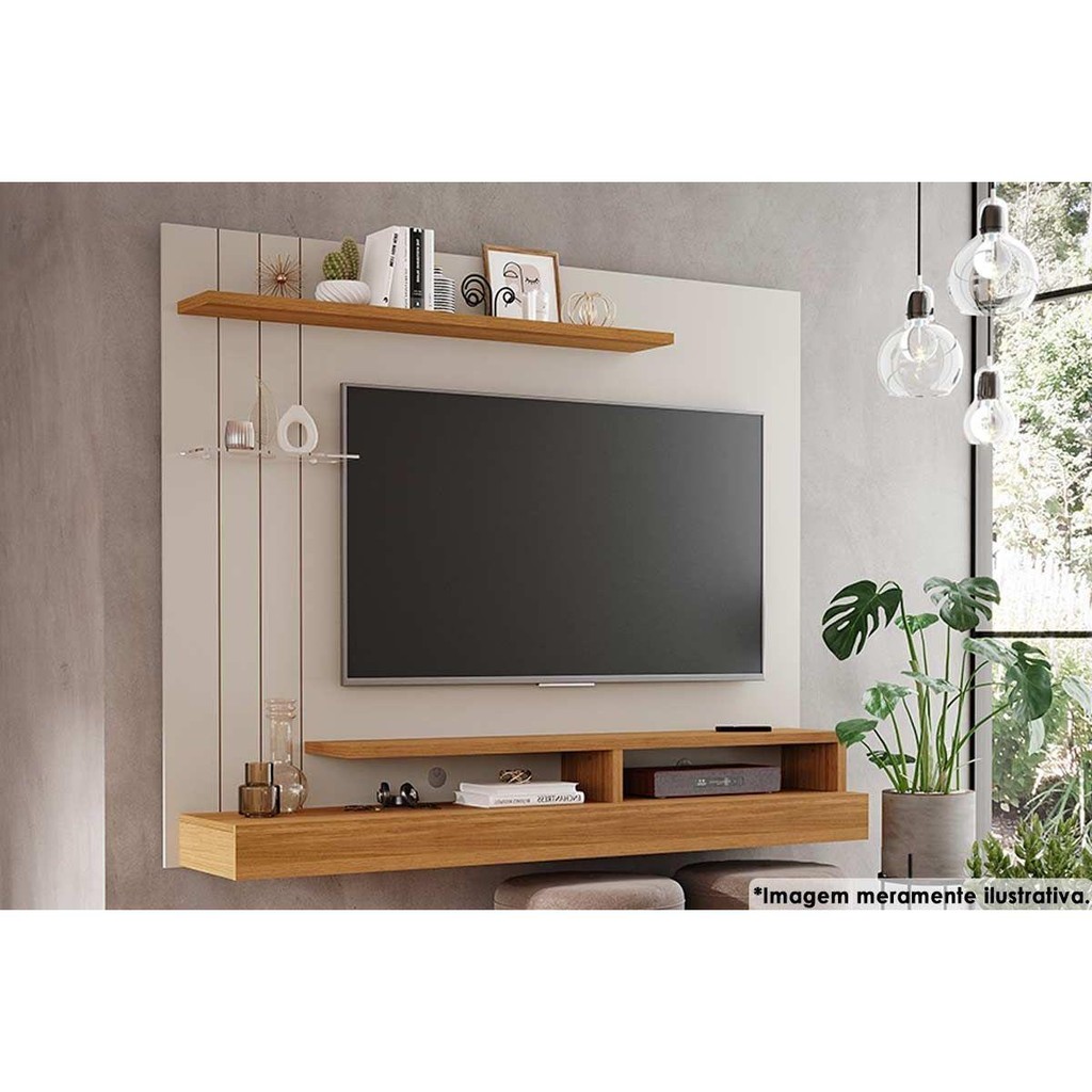 Painel Quarto p/ TV até 50 Pol Valência Plus c/ Prateleira e Nichos 160x135cm Off White/Nature - Permóbili em Oferta na Shopee