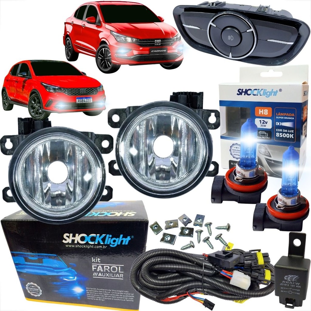 KIT INSTALAÇÃO COMPLETA FAROL DE MILHA FIAT ARGO E CRONOS DE 2017 À 2021 BOTÃO ESTILO ORIGINAL + LÂMPADA SUPER BRANCA