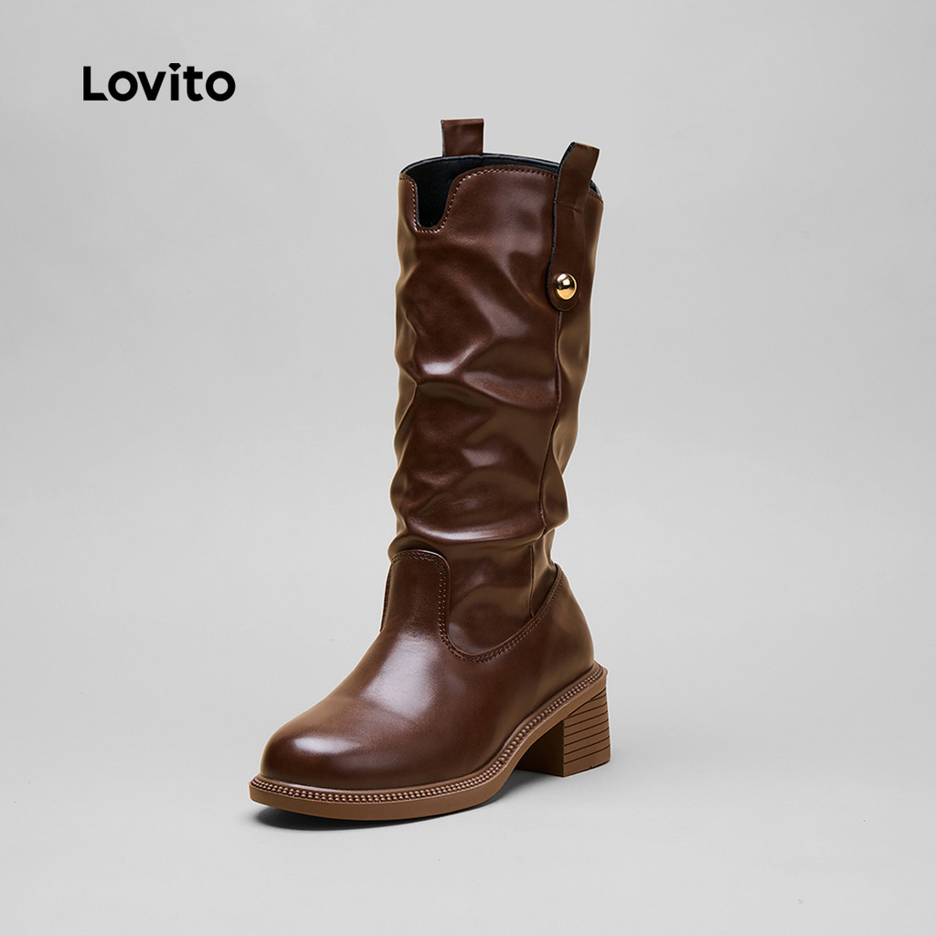 Lovito Casual Plicado Estilo Britânico Versátil Sola Moda de Tubo Longo para Mulheres LFA6...