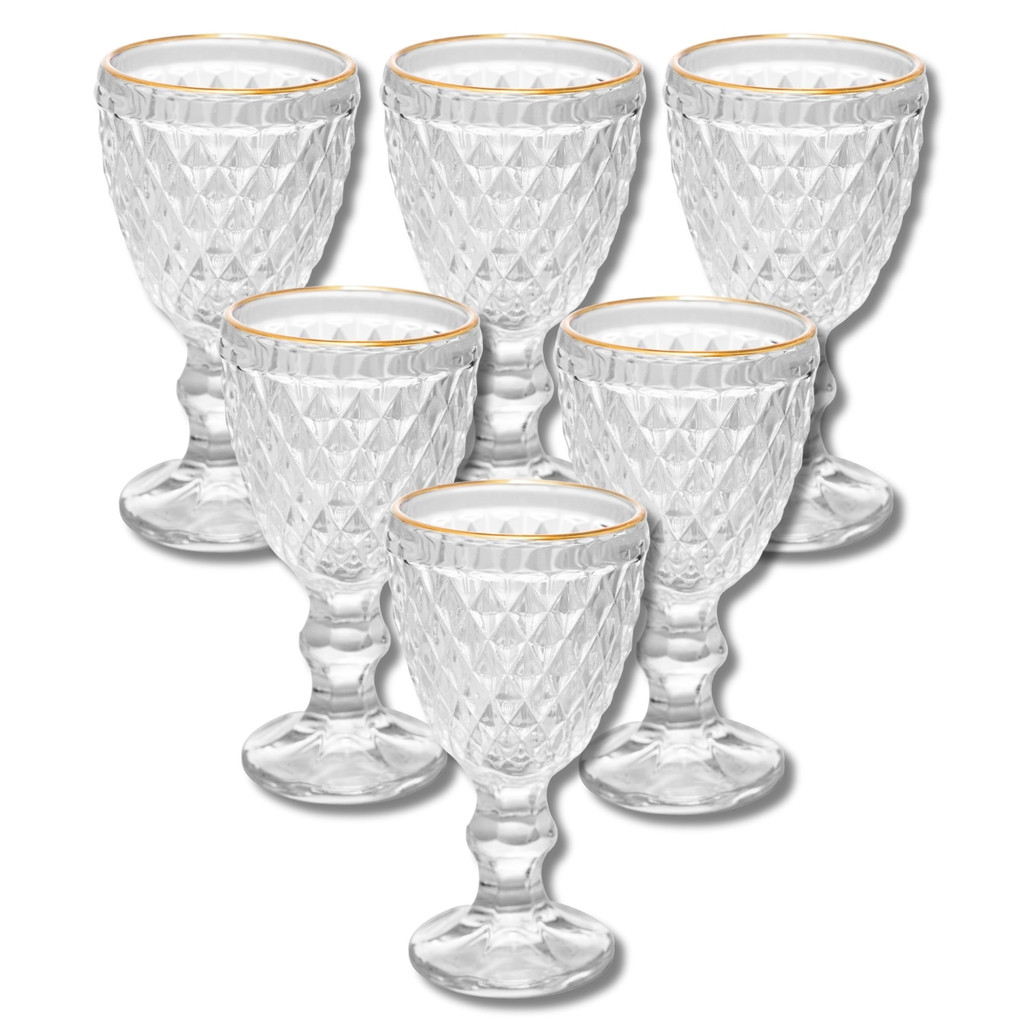 Jogo 6 Taças De Licor De Vidro Com Borda Dourada Fio De Ouro Bico De Abacaxi Transparente 50ml Lyor