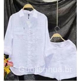 Conjunto de shorts de manga curta de linho de algodão de manga comprida em Oferta na Shopee