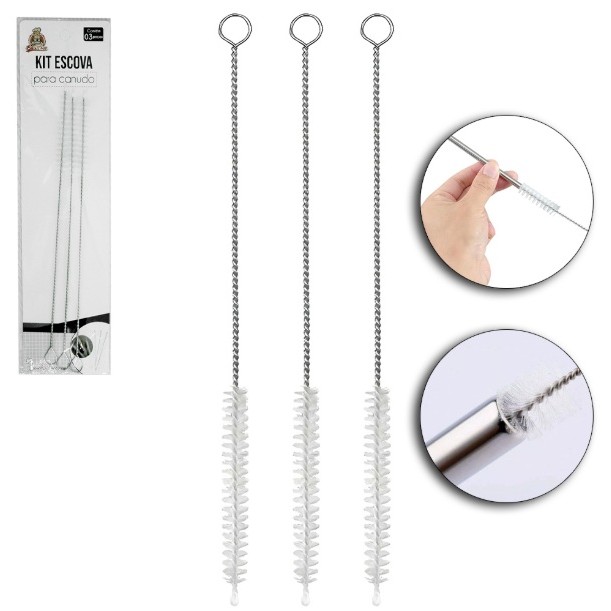 Escova Higiênica Para Limpeza de Canudos Com 3 Peças 20CM - BC24192