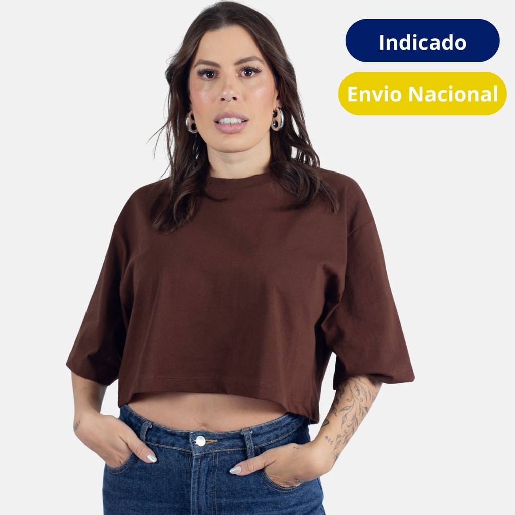 Camiseta Feminina Tshirt Cropped Oversized Marrom 100% Algodão Fio 30.1 Blusa Soltinha Confortável Estilo Urbano