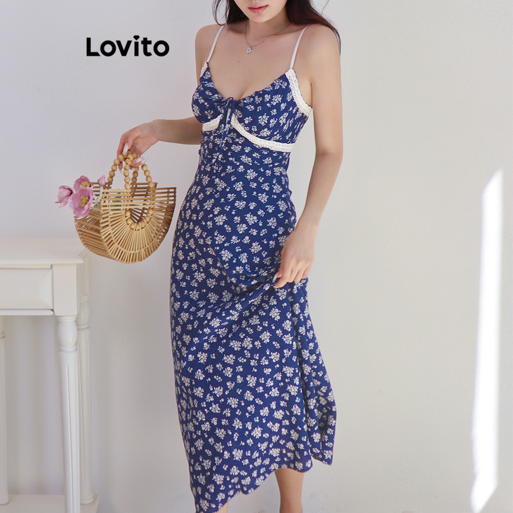 Detalhes do Lovito Vestido Casual Ditsy Floral Contraste Fita Drapeada Vestido Para Mulheres L114AD411