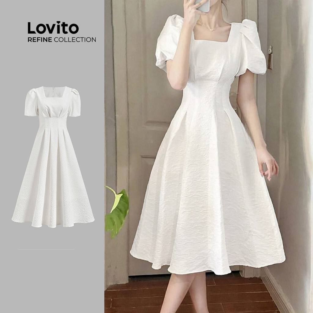 (Lovito Refine) Vestido elegante liso plissado para mulheres LR7LD007 - Women Clothes