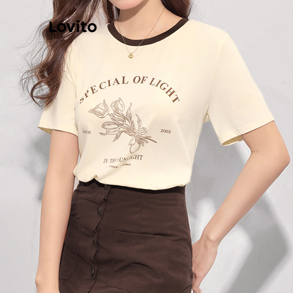 Lovito Camiseta Preppy Letter Colorblock para mulheres L114AD132 - Women Clothes