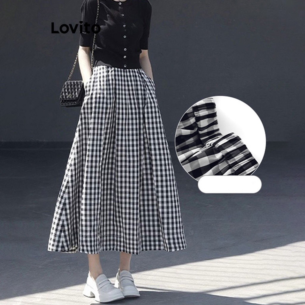 Lovito Saias Elegantes Com Bolso Xadrez Para Mulheres LNA27104 (Preto e Branco) - Women Clothes