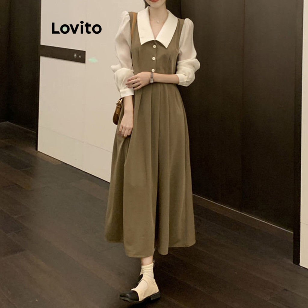 Lovito Vestido Casual Com Botão Liso 2 Em 1 Para Mulheres LNA20064 (Cáqui)