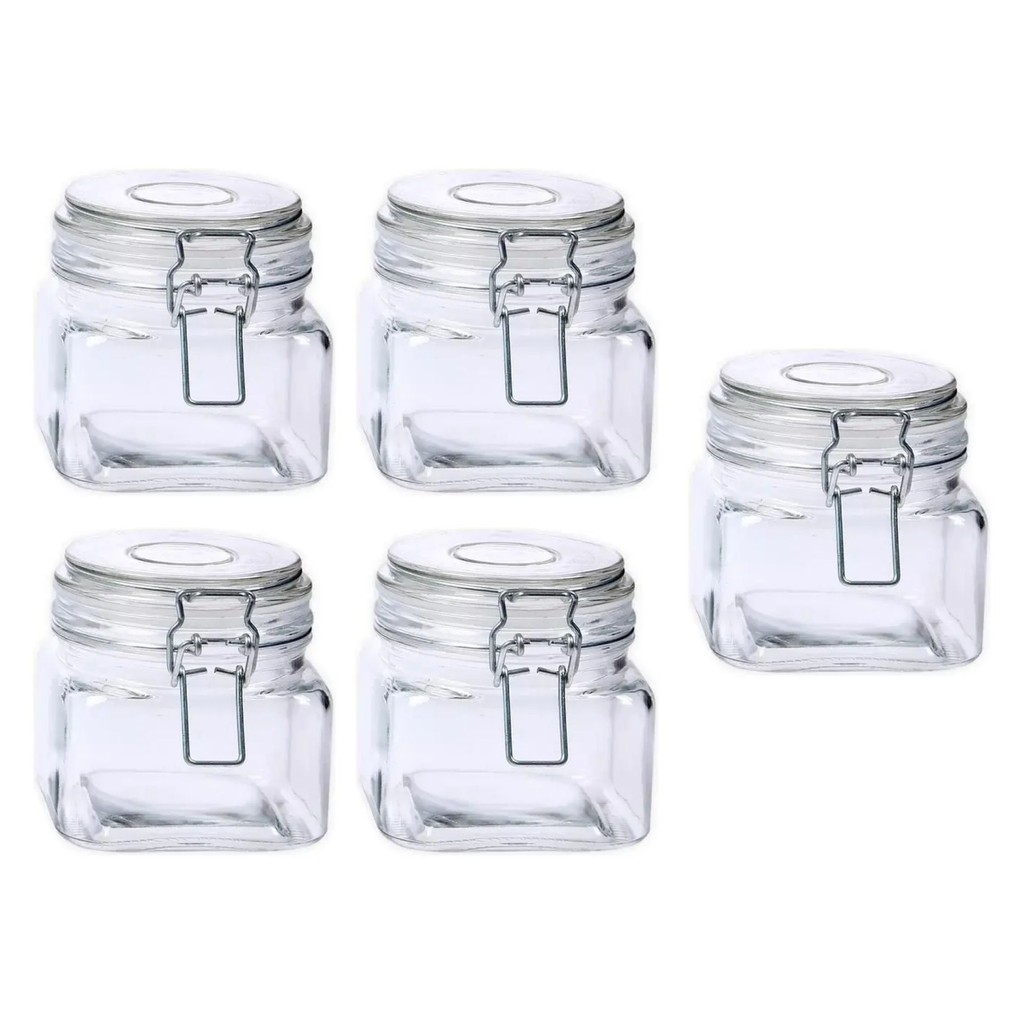 Kit 5 Pote De Vidro Vedação Hermético Quadrado C/ Travas Presilhas 460ml Design Sofisticado