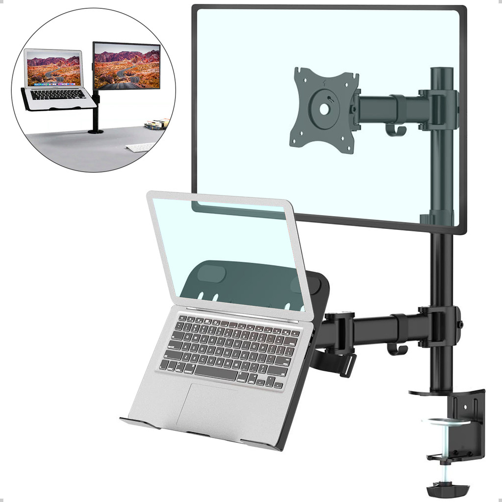 Suporte Duplo Monitor E Notebook 10" A 27" Articulado Ergonômico Aço De Mesa