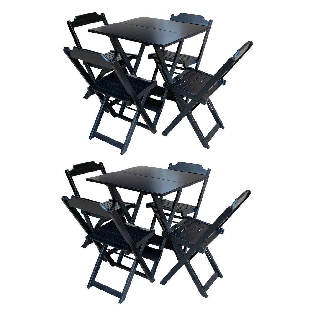 Kit 2 Conjuntos De Mesa Com 4 Cadeiras De Madeira Dobravel 70X70 Preto - Preto