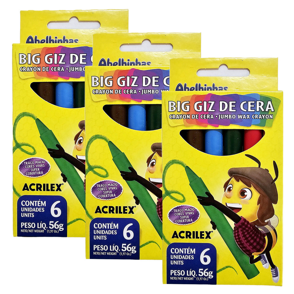 Giz De Cera Jumbo Acrilex Big Giz Atóxico Macio Infantil Escolar 06 Cores Kit C/ 3