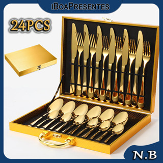 Kit 24pç Faqueiro Dourado Luxo Jogo Talheres Inox Com Maleta