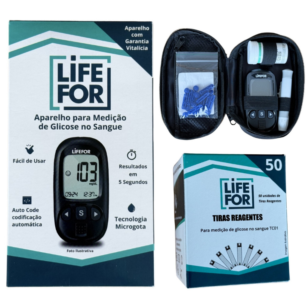 Aparelho de Glicose Glicemia Completo +50 Tiras +50 Lancetas Lifefor em Oferta na Shopee