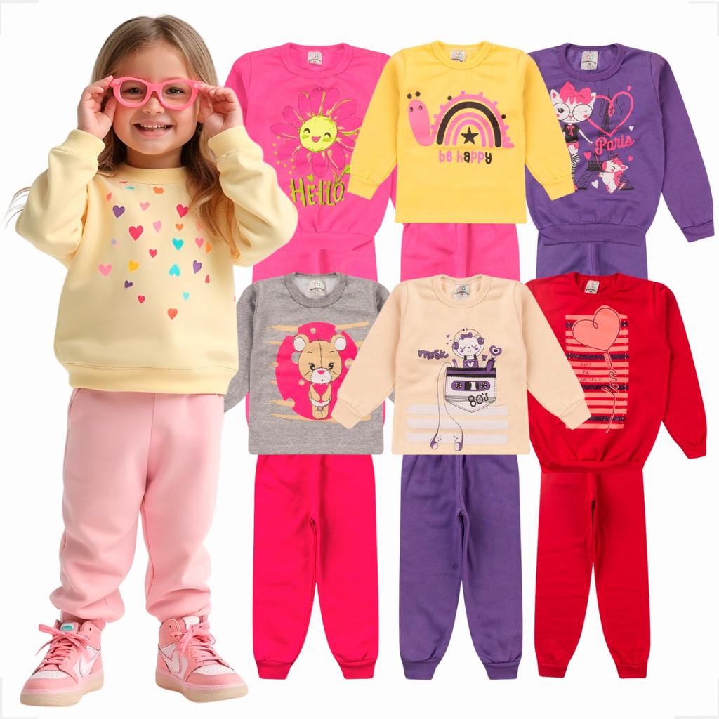 Kit Sortido 4 Peças de Roupas Infantil Moletom Menina 2 Blusas + 2 Calças - Kit 2 Conjuntos Infantil Frio Inverno Bebê