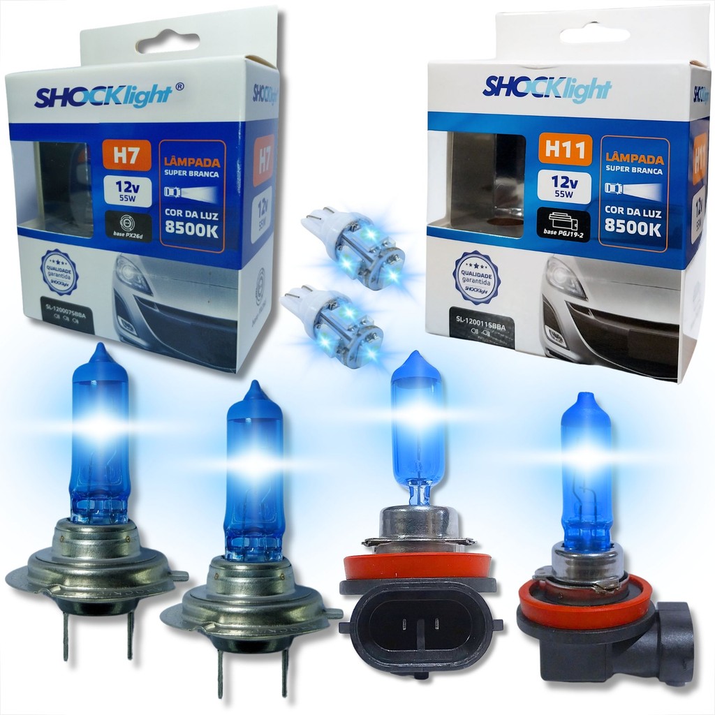 KIT LÂMPADAS PARA FAROL ALTO BAIXO E LANTERNA H11 H7 T10 DUPLO FOCO SUPER BRANCA