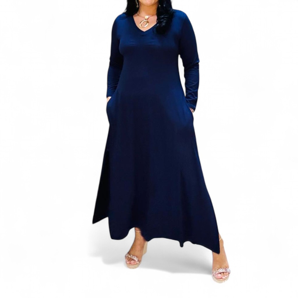 Vestido Plus Size Manga Longa Longo Viscolycra com Fenda e Bolsos Laterais Moda Confortável Feminina