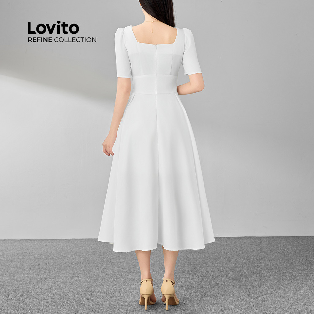 Detalhes do (Lovito Refine) Vestido elegante liso plissado com estrutura para mulheres LR4ED025