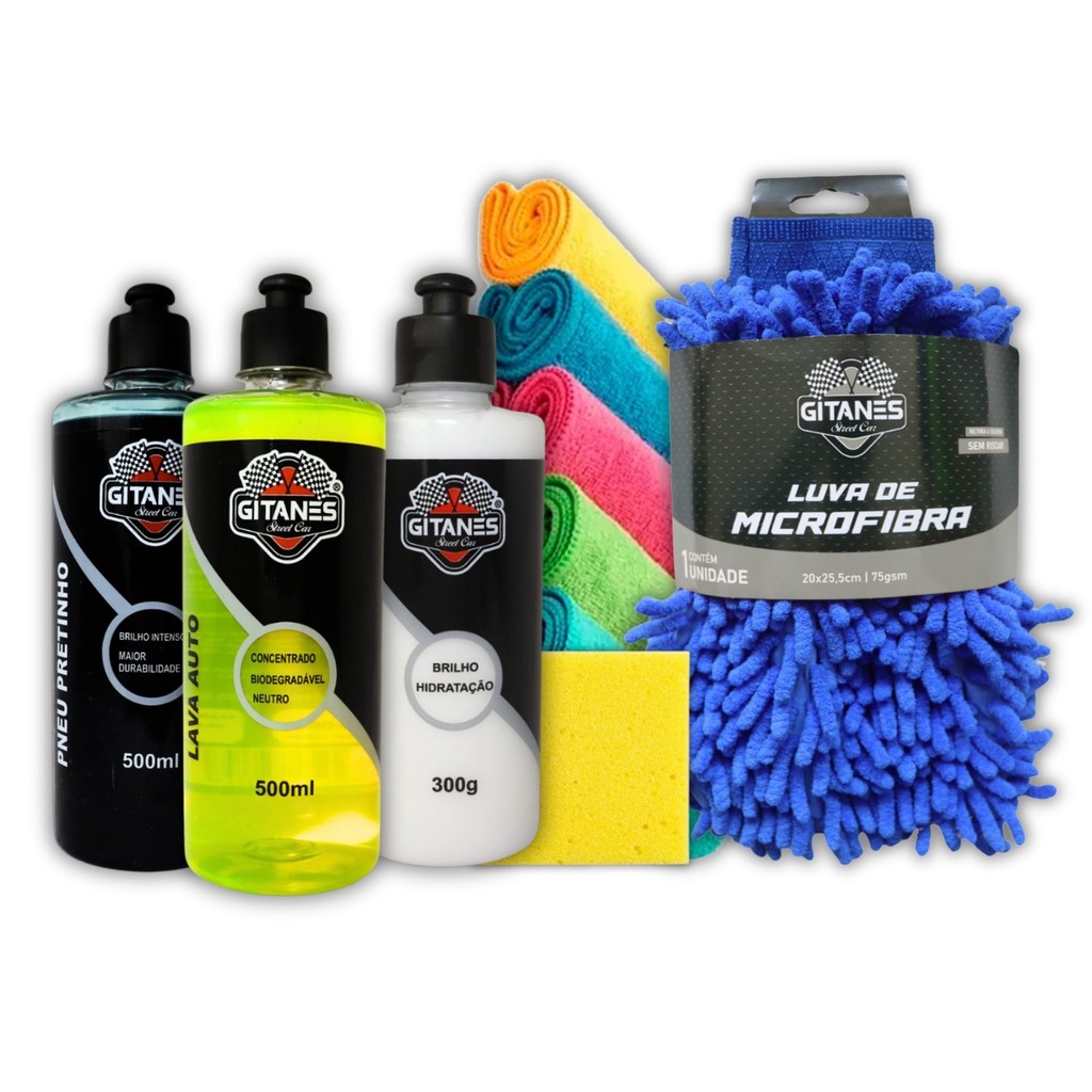 Kit Lavagem Limpeza Auto Shampoo Cremoso Rende Muito Pretinho Brilho Silicone Plastico Interno Luva + 5 Pano Microfibra em Oferta na Shopee