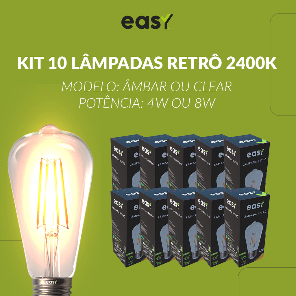 Kit 10 Lampadas Led ST64 Ambar e Clear 4w e 8W 2400k E27 110v/220v Easy em Oferta na Shopee