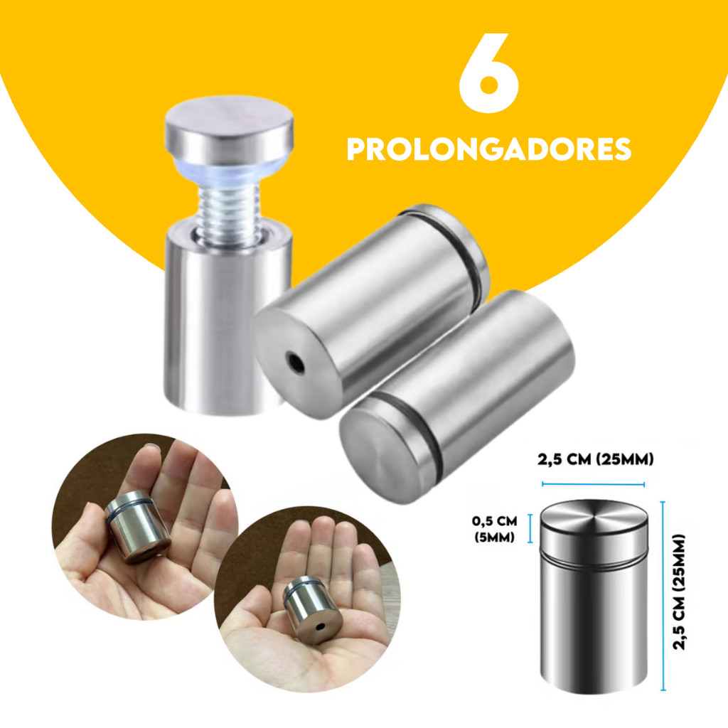 Kit com 6 Prolongador de vidro Inox Escovado Vidro Madeira 2,5x2,5 Até 10mm com 2 arruelas