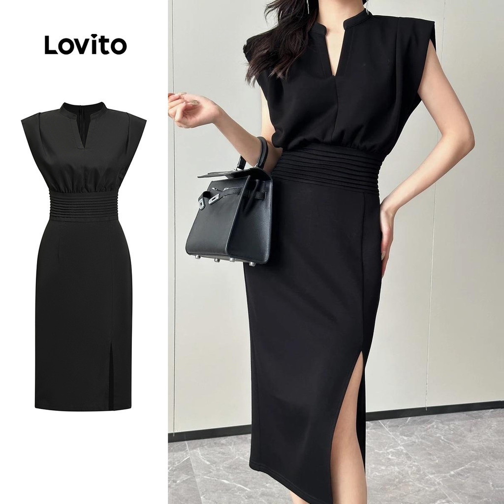 Lovito Vestido Elegante Vestido Liso Dividido Para Mulheres LNE58064 - Women Clothes