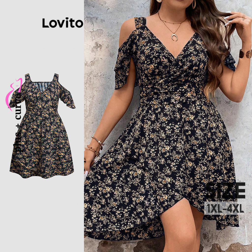 Lovito Vestido Plus Size Curve Boho Ditsy Floral Ruffle Pattern para mulheres LBL20585 - Women Clothes