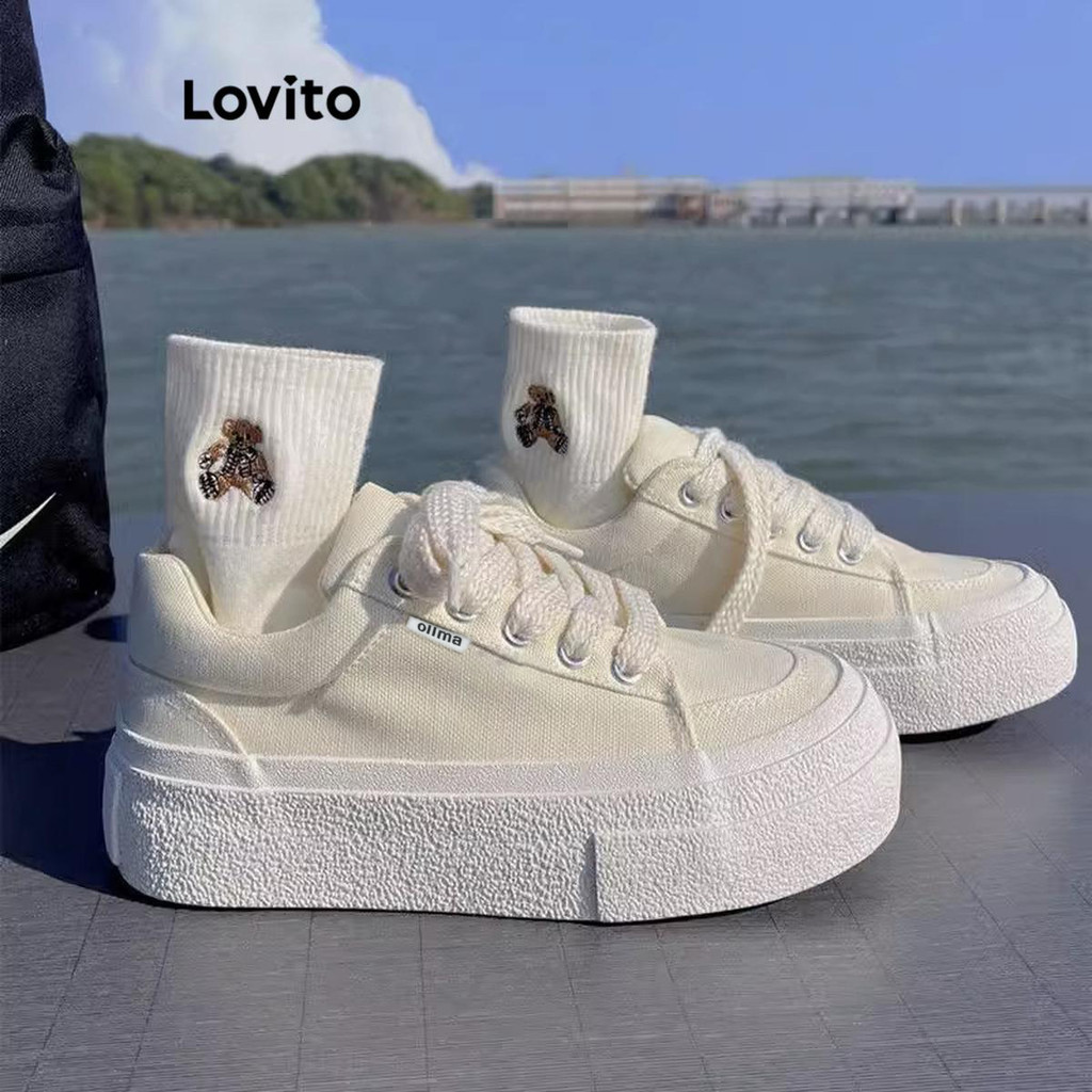 Lovito Sapatos de lona retrô simples e elegantes com sola grossa e par clássico com tênis ...