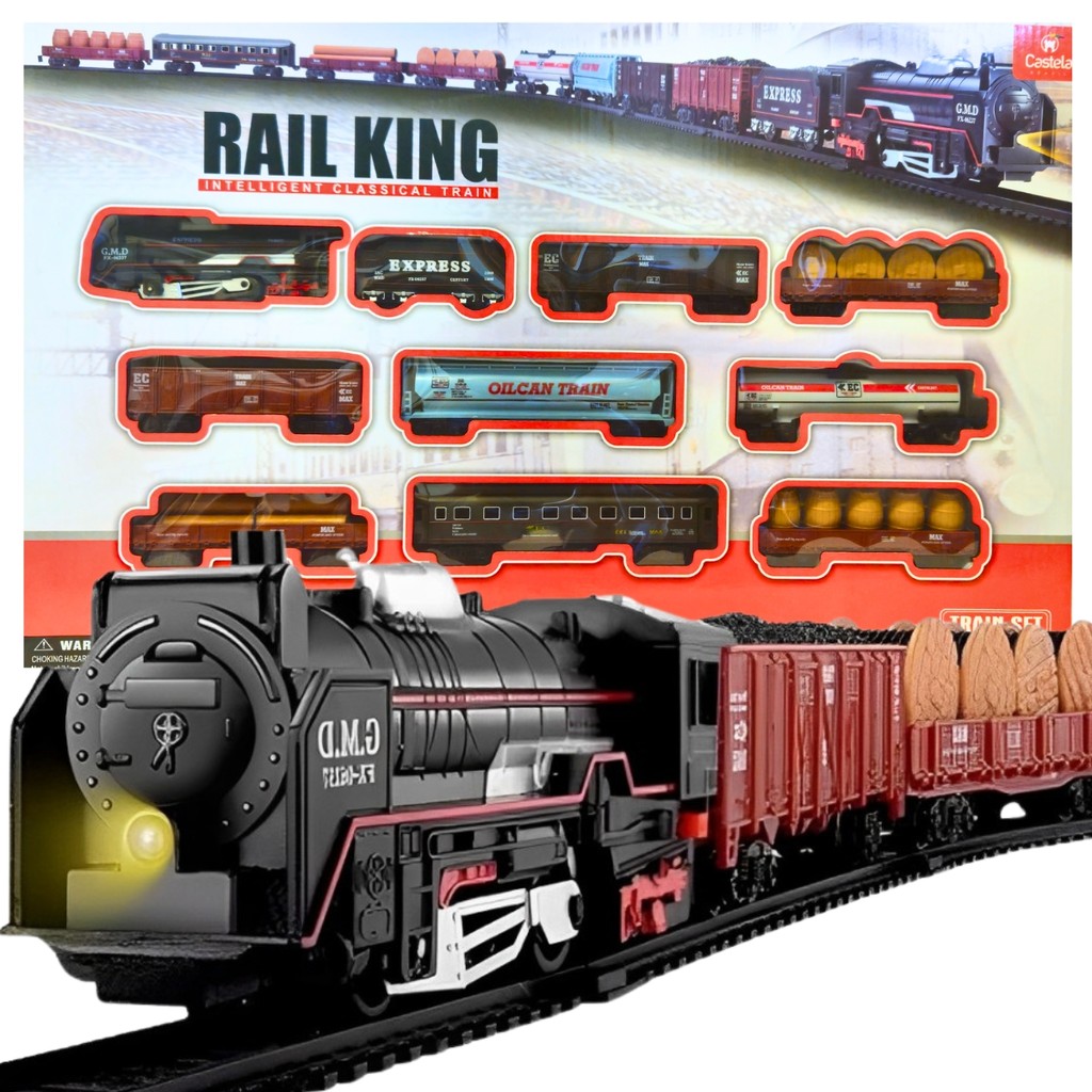 Trem Brinquedo Locomotiva 9 Vagões Trenzinho Classico Luz Som Castela em Oferta na Shopee