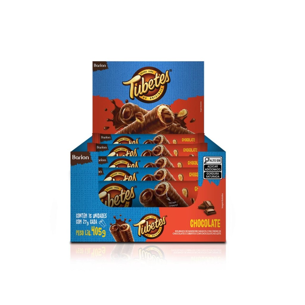 Caixa 15un Barion Rol Wafer Bau Rech Chocolate Cob Chocolate Tubetes 27G