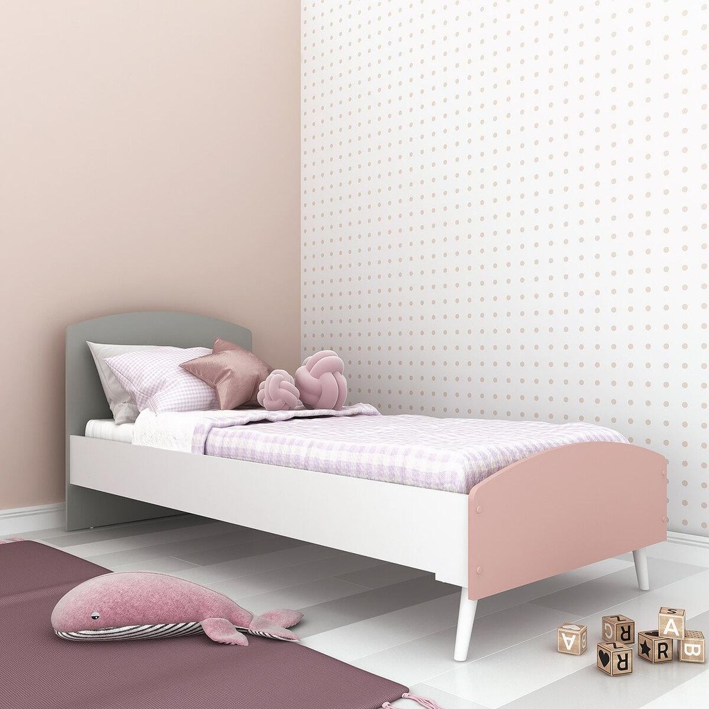 Cama Solteiro para colchão 78x188cm 100% MDF Doçura Multimóveis Branco/Cinza/Rosa em Oferta na Shopee