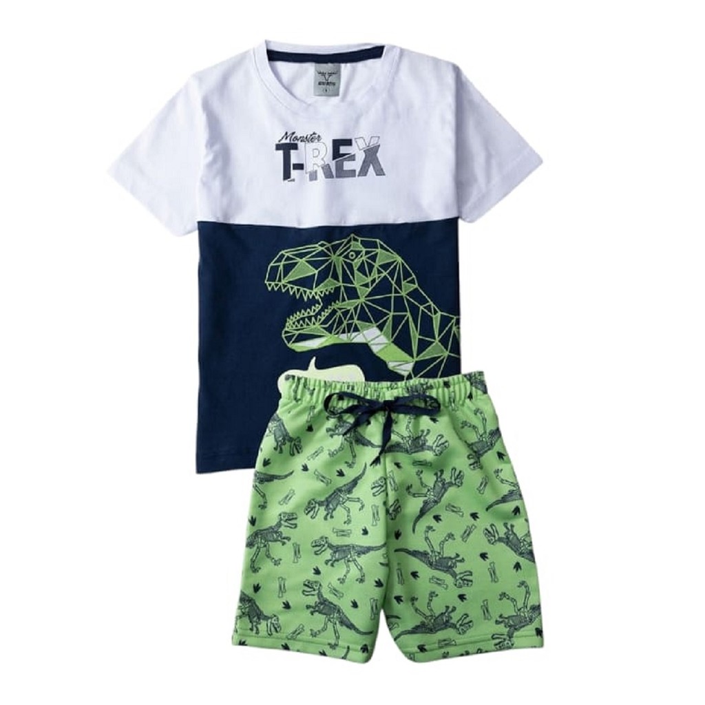 Conjunto Camiseta E Bermuda Infantil E Juvenil Menino T-Rex Muito Conforto E Estilo