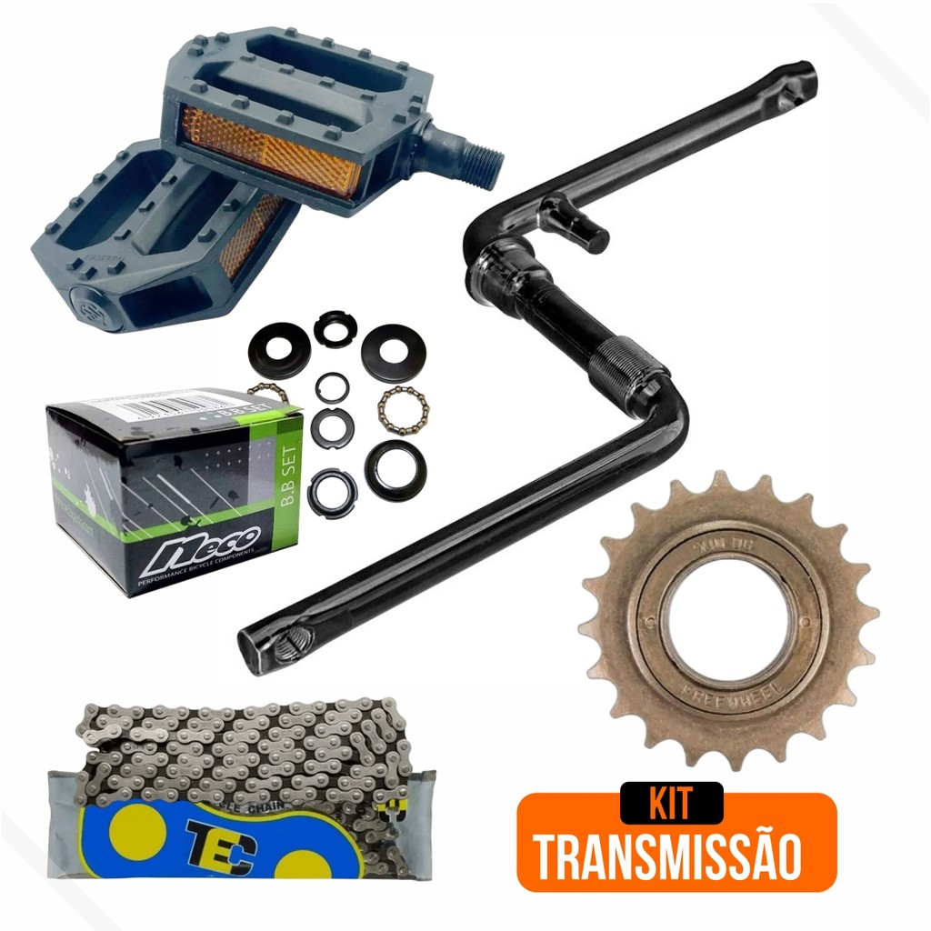 Transmissão Bike 26 - Central 45mm + Pedivela 165mm + Corrente Grossa + Catraca 20d + Pedal Nylon