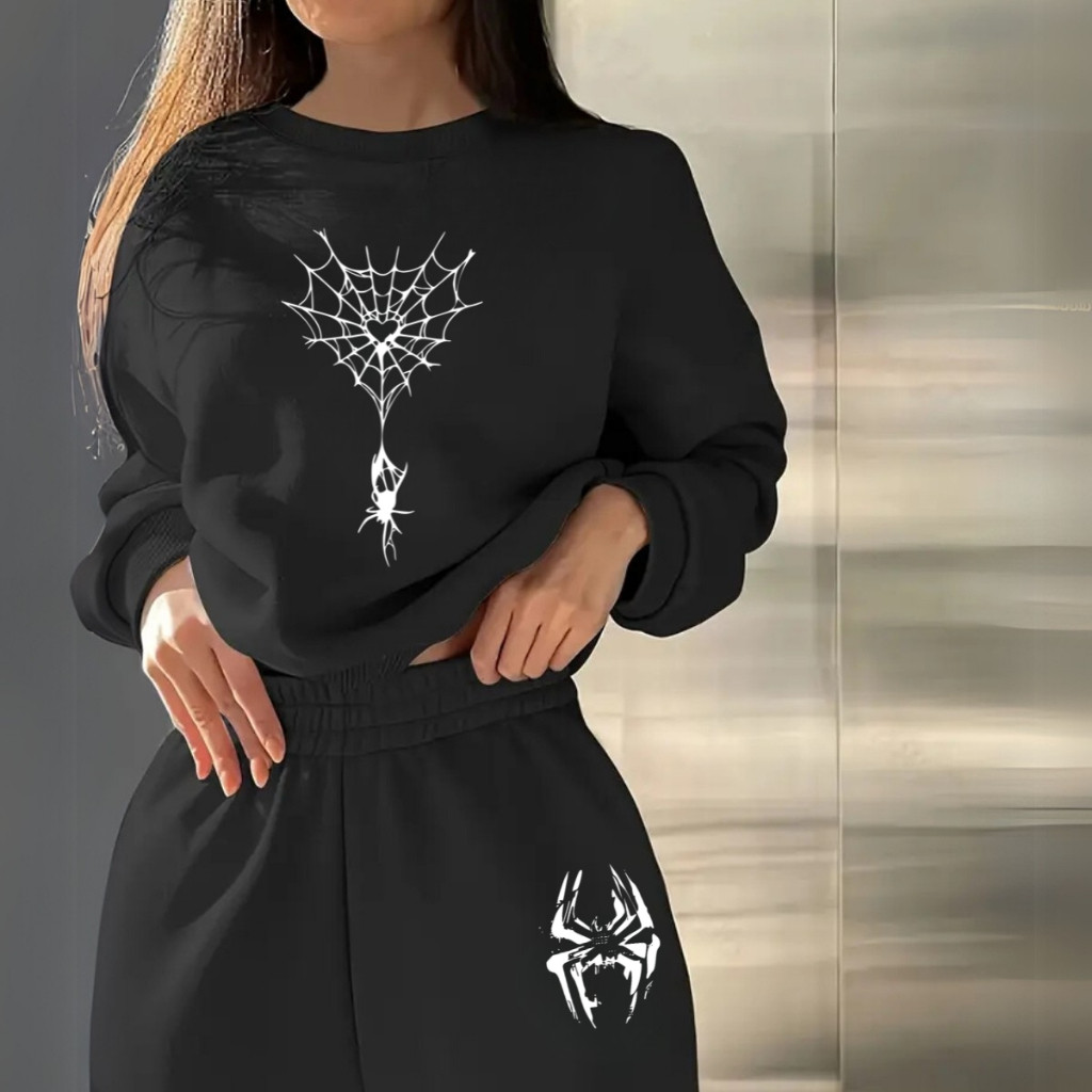 Conjunto Moletom Estampado Feminino Inverno Flanelado Aranha Love Minimalista Confortavel
