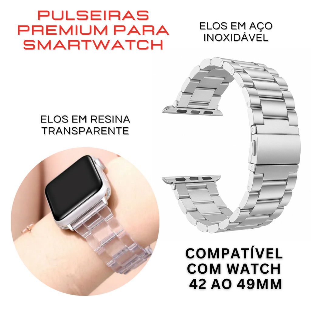 Pulseira Smartwatch Elos Aço Resina Transparente Compatível 42mm 44mm 45mm 46mm 47mm 49mm