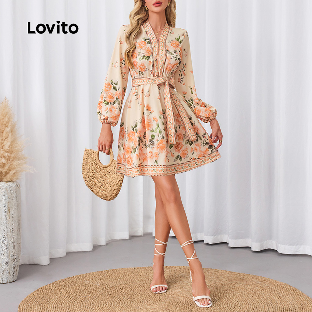 Lovito Vestido Casual Floral Colorblock com gravata frontal para mulheres LBL23545 - Women Clothes
