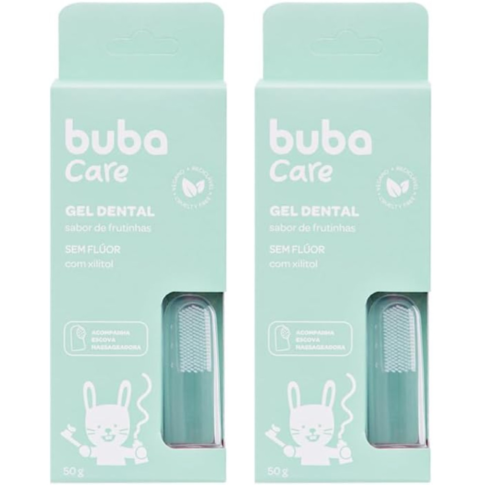 KIT C/ 2UN GEL DENTAL BUBA CARE SEM FLÚOR ACOMPANHA ESCOVA MASSAGEADORA