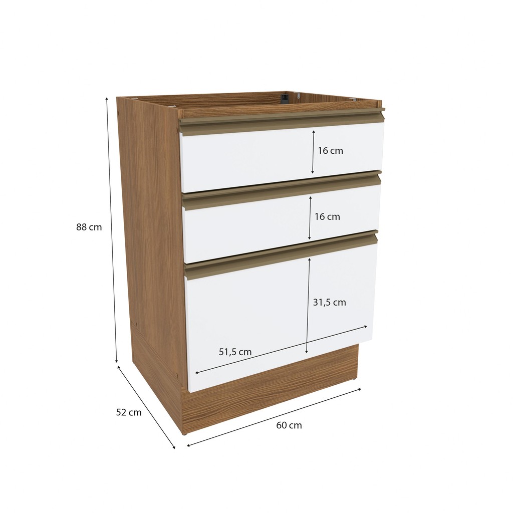 Detalhes do Balcão 3 Gavetas Kappesberg Celeste 100% MDF Nogueira/Branco 60cm