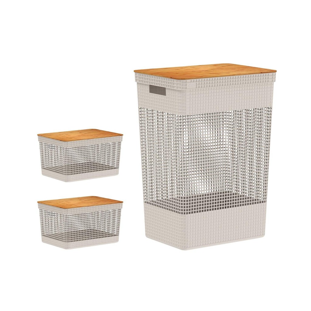 Kit de cestos organizadores com tampa de bambu Ou 3 peças Linha Grid Bege