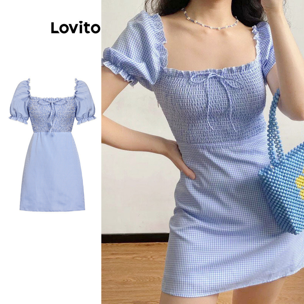Lovito Vestido casual xadrez com babado e laço para mulheres L98AD220 - Women Clothes
