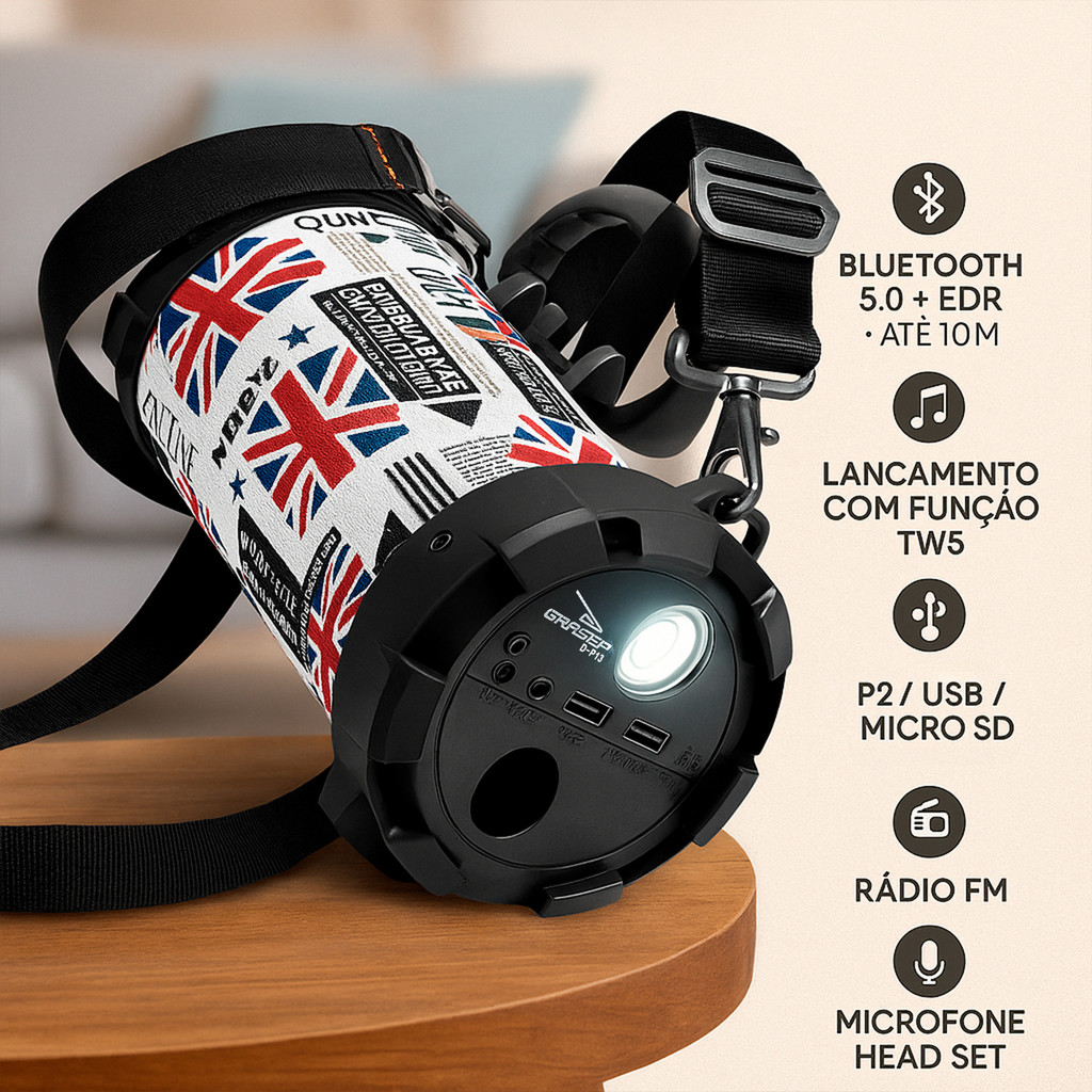 Caixa de Som Grasep Bluetooth Amplificada P2 Portátil Microfone USB SD FM