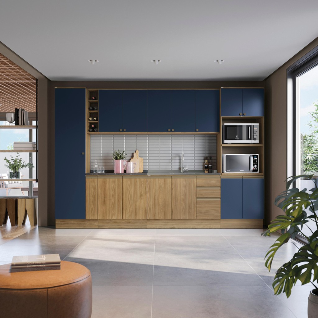 Cozinha Modulada Celeste Kappesberg 100% MDF Nogueira/Azul 9 Peças em Oferta na Shopee