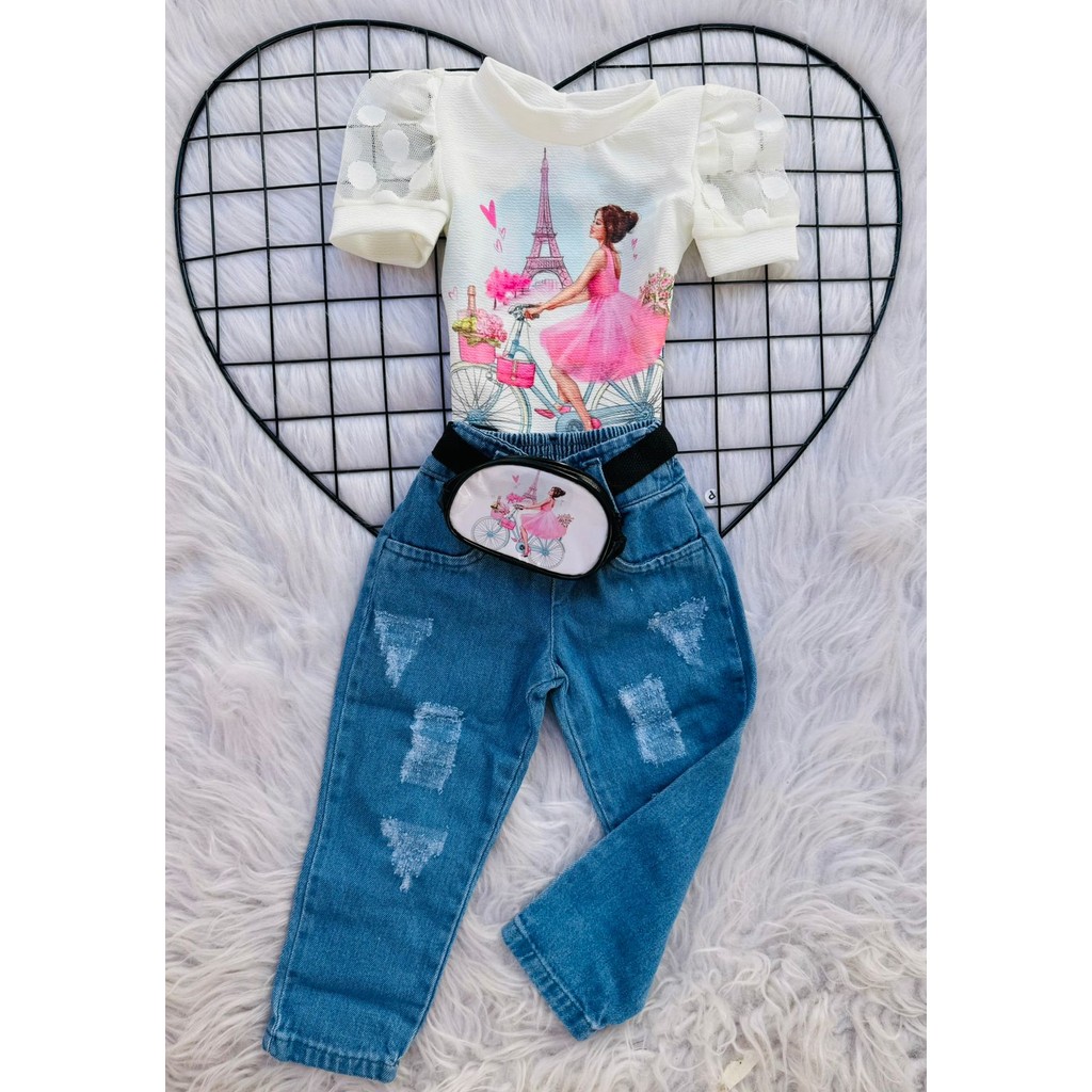 Roupa infantil menina blogueirinha 3 peças Princesa com pochete Tam 1 a 8 anos