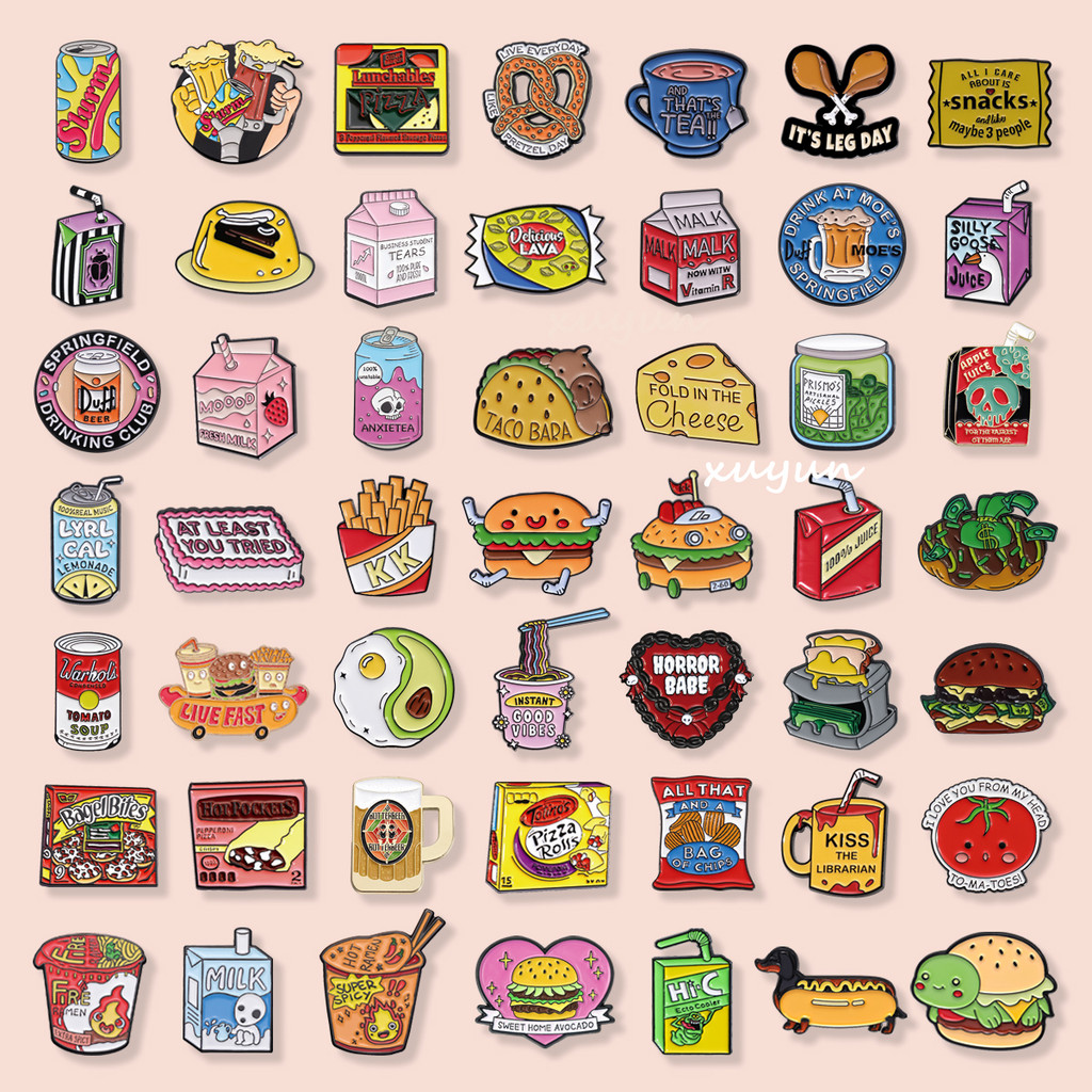 100 Estilos De Broches De Comida De Desenho Animado , Emblemas Fofos De Hambúrguer De Ovo , Bebida Criativa , Alfinetes