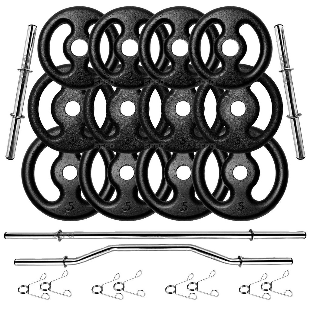 Kit de Anilhas Ferro Fundido 40Kg + 02 Barras 40cm + 01 Barra 120cm + 01 Barra W