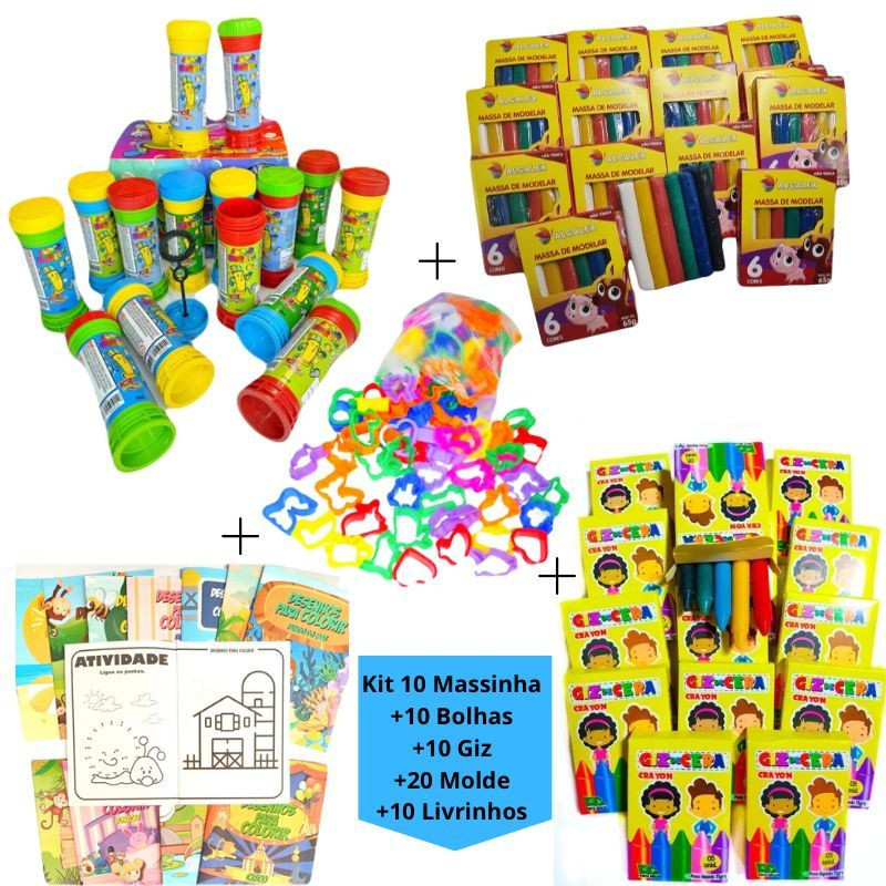 Kit 10 Cx Massinha de Modelar + 10 Bolha Sabão+ 10 Cx Giz Cera +20 Molde + 10 Livrinhos Colorir Lembrancinha Infantil em Oferta na Shopee