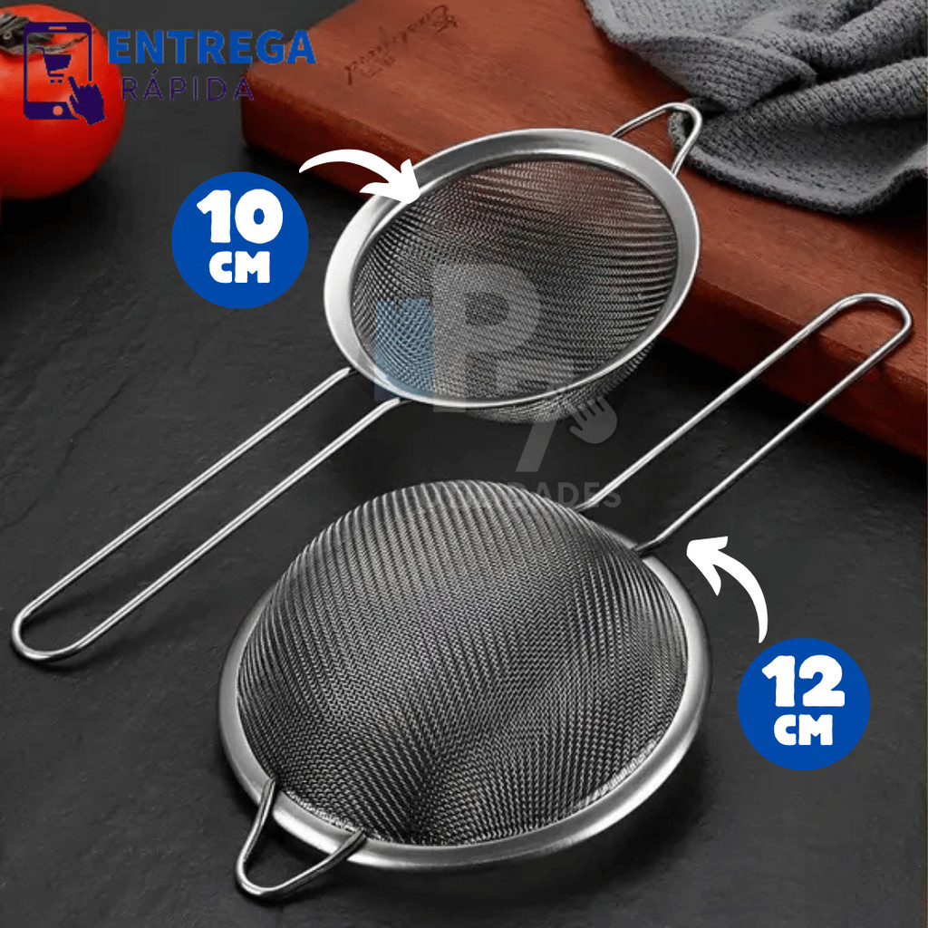 Kit 2 Peneiras de Cozinha em Aço Inox de 10cm e 12cm Utensílios para Cozinha Peneira Multisuo em Oferta na Shopee