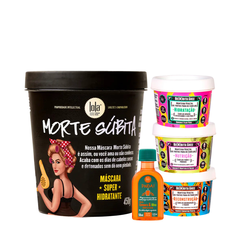 Kit Lola Morte Subita Masc 450ml + Bemdita Ghee Cronograma 3x 100ml + Pinga! Óleo Cenoura e Oliva