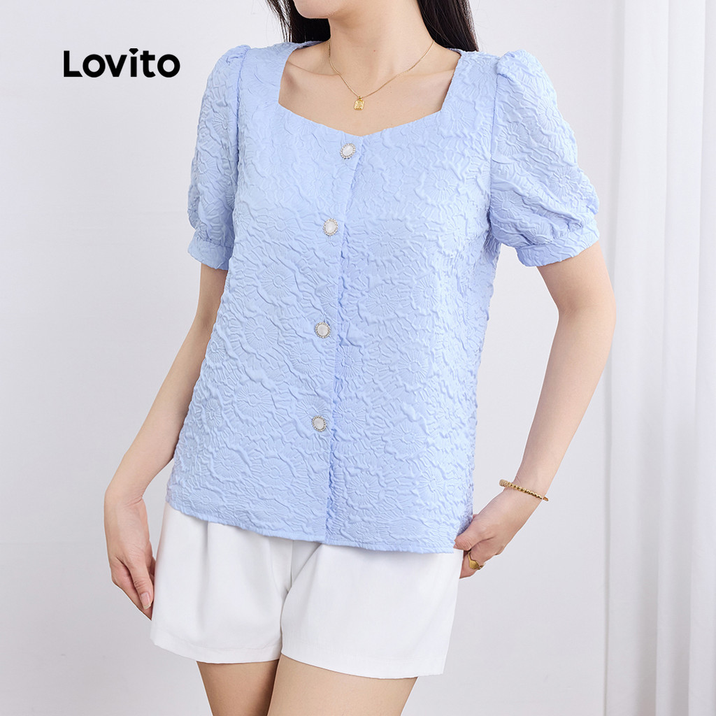 Detalhes do Lovito Blusa elegante de Jacquard frontal com botão liso para mulheres L129ED567